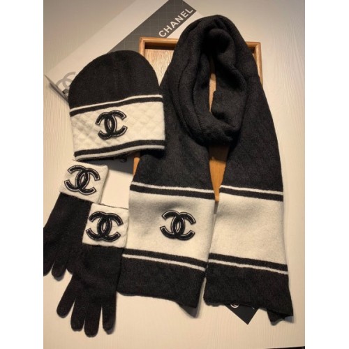 Chanel black hat glove scarf (a set)