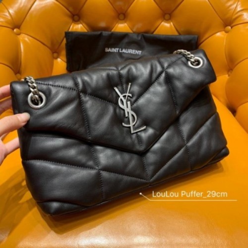 YSL LOULOU PUFFER Black Leather Silver Harware 29cm