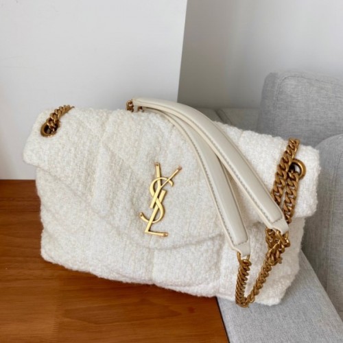 YSL LouLou Medium Quilted White Tweed Bag