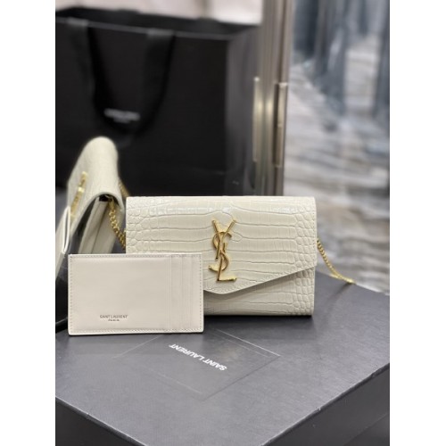 YSL UPTOWN chain wallet white crocodile bag