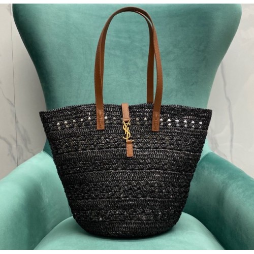 YSL Panier medium black raffia &leather bag