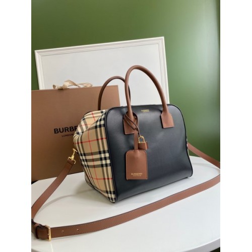 Burberry Ladies Stripe Leather Cube Bowling Bag Black