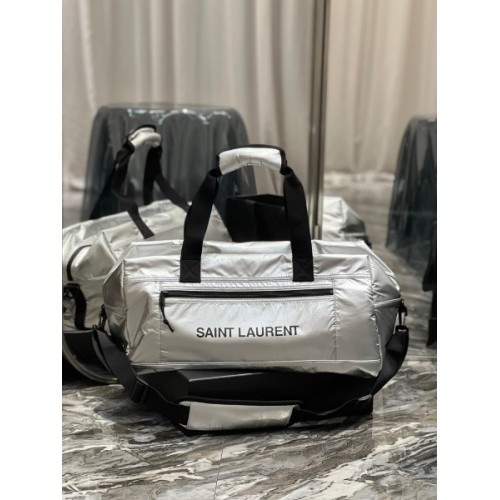 YSL Nylon Silver Zip-Up Luggage Bag