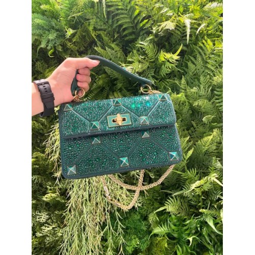 VALENTINO GARAVANI Crystal-embellished Roman stud green shoulder bag