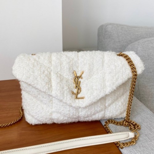 YSL LouLou Small Quilted White Tweed Bag