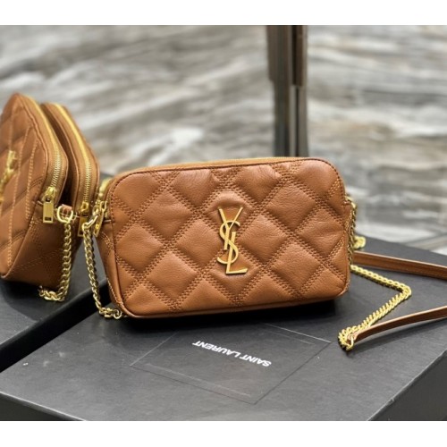 YSL Becky Quilted Double Zip Brown Pouch Bag