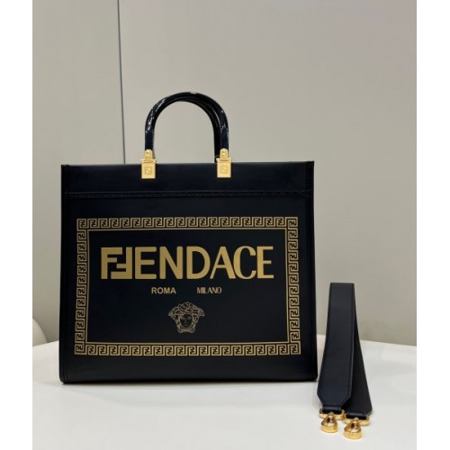 FENDI Sunshine Fendace Printed Black Shopper Bag