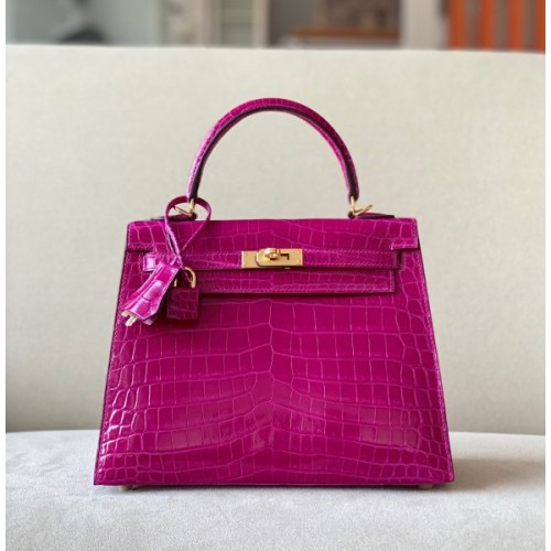 Hermes Kelly pink crocodile leather 25