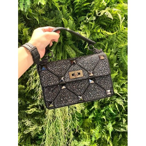 VALENTINO GARAVANI Crystal-embellished Roman stud black shoulder bag