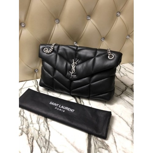 YSL LOULOU PUFFER LARGE BAG LAMBSKIN BLACK SILVER HARDWARE