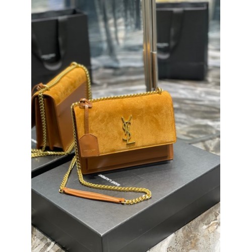 YSL Sunset Brown Velvet Leather Shoulder Bag