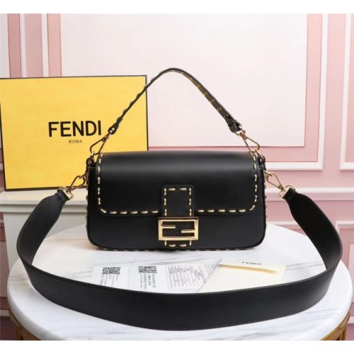 Fendi Baguette white leather medium black trap bag