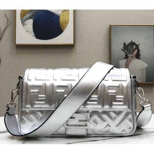 Fendi BAGUETTE Silver leather bag 26cm