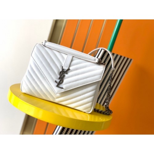 YSL MEDIUM COLLEGE BAG IN WHITE MATELASSÉ LEATHE SILVER HARDWARE