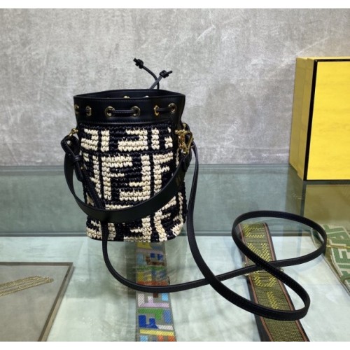 FENDI Mon Tresor Mini FF Logo Raffia Bucket Bag