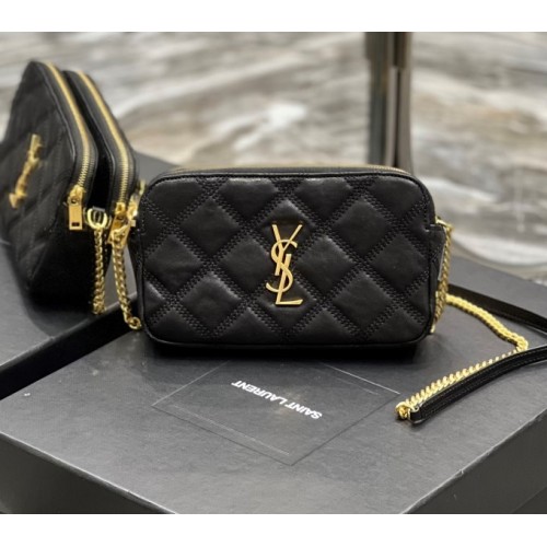 YSL Becky Quilted Double Zip Black Pouch Bag