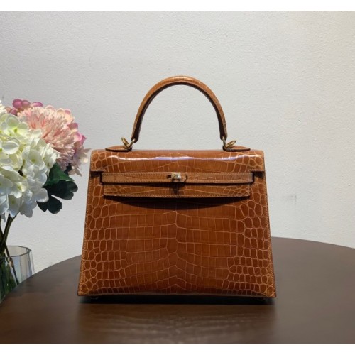 Hermes Kelly crocodile brown leather 25 bag