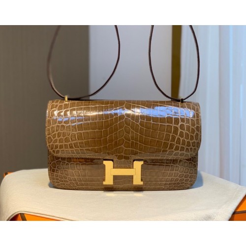 Hermes Shiny Crocodile Constance Brown Bag