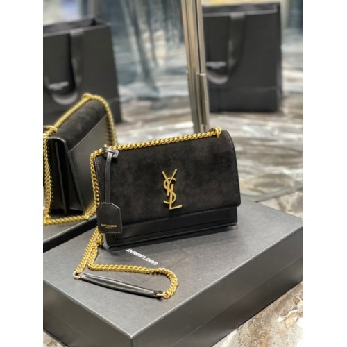 YSL Sunset Black Velvet Leather Shoulder Bag