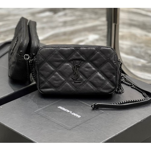 YSL Becky Quilted Double Zip All Black Pouch Bag