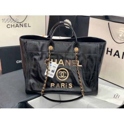 Chanel tote shopping black gold bag