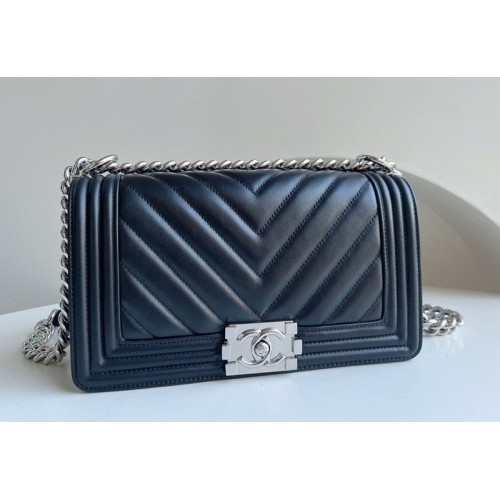 Chanel Medium Chevron Black Lampskin Boy Bag 25cm