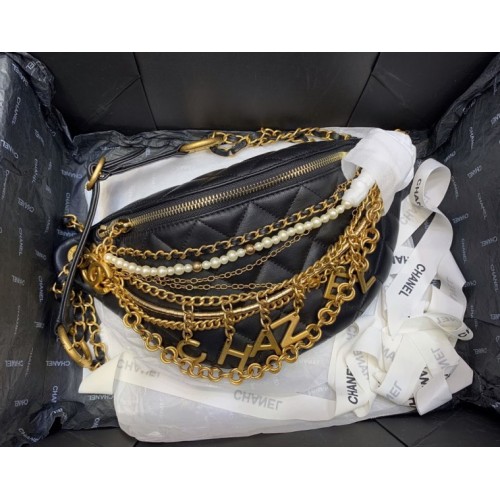 Chanel 2019 black leather chain waist bag