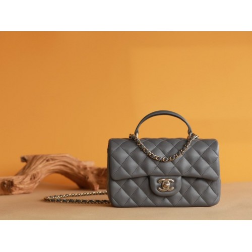 Chanel Top Handle gold hardware gray lambskin mini bag