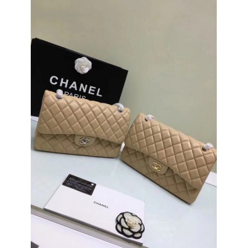 CHANEL 1112 Beige Large Size 30cm Lambskin Leather Flap Bag With Gold/Silver Hardware