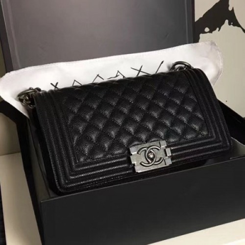 Chanel Medium Quilted Caviar Boy Bag Black Silver A13043 VS06151