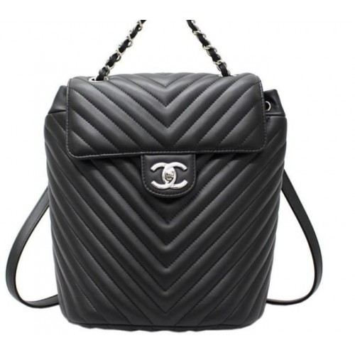 Chanel Chevron Lambskin Black Silver Hardware Large Backpack