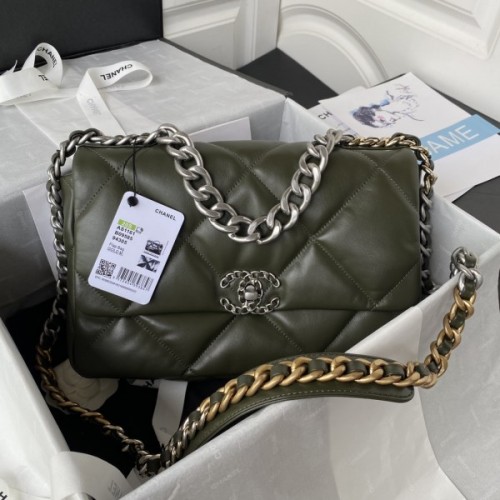 Chanel 19 Flap Lambskin Green Silver Hardware 30cm Bag