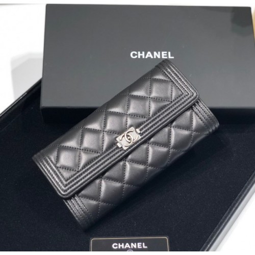 Chanel boy lampskin black leather long wallet