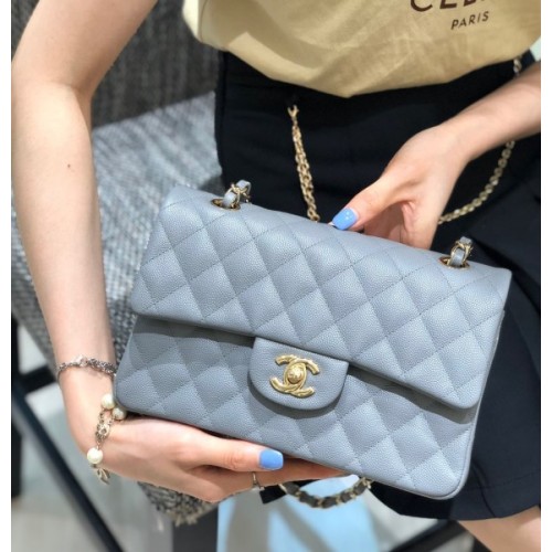 Chanel Light Blue Quilted Caviar 25 Classic Double Flap Gold Hardware Bag