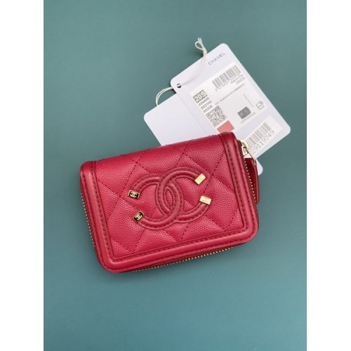 Chanel CC caviar gold hardware filigree red wallet