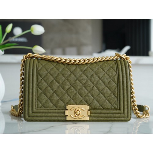 Chanel Green Quilted Caviar Medium Boy Bag