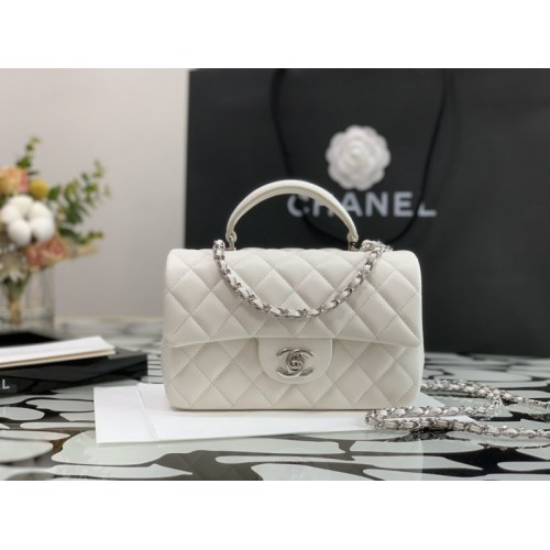 Chanel Top Handle silver hardware white lambskin mini bag