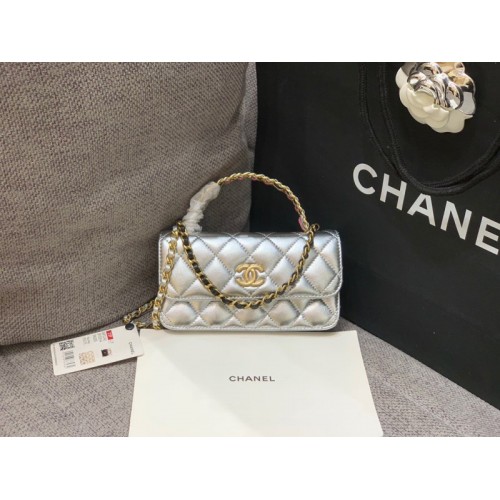 Chanel phone holder gold metal silver bag