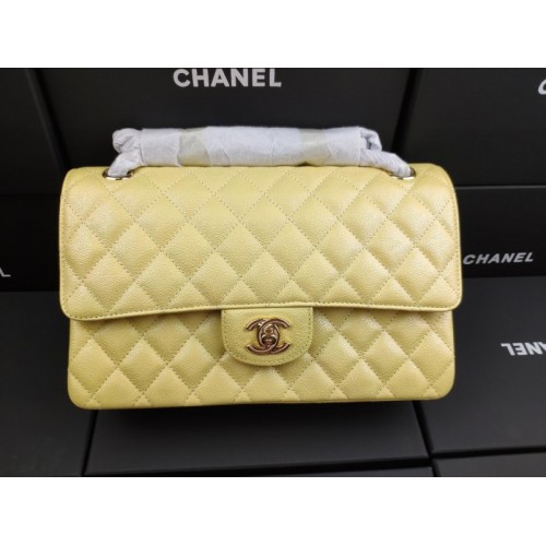 Chanel classic flap caviar leather bag gold hardware yellow 25cm