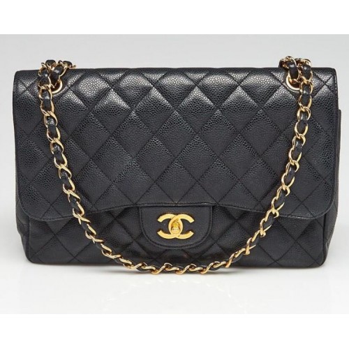 CHANEL Large Classic Handbag Grained Calfskin & Gold Metal Black