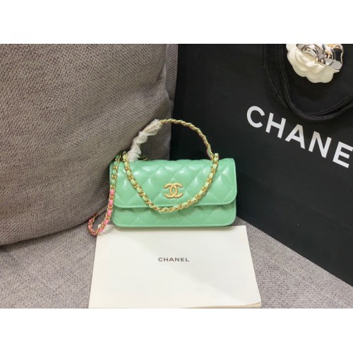 Chanel phone holder gold metal light green bag