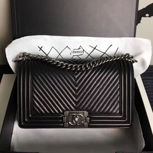 Chanel Medium Chevron Lambskin Boy Bag Black A13043 VS03203