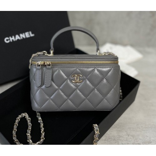 Chanel 22A Quilted Mini Vanity Rectangular Top Handle Grey Lambskin Bag