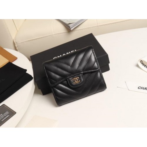 Chanel black chevron lambskin gold wallet