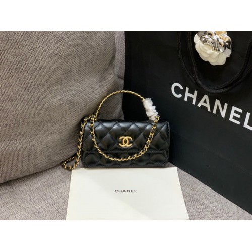 Chanel phone holder gold metal black bag