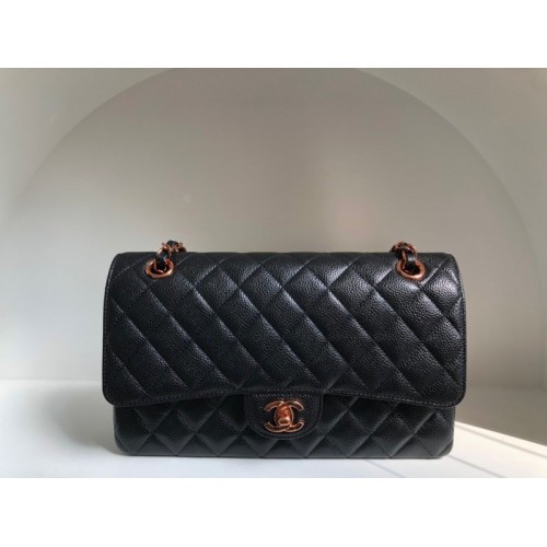 Chanel lampskin classic flap black 25cm rose gold hardware bag