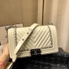 Chanel Medium Crinkled Calfskin Chevron Boy Flap Bag White