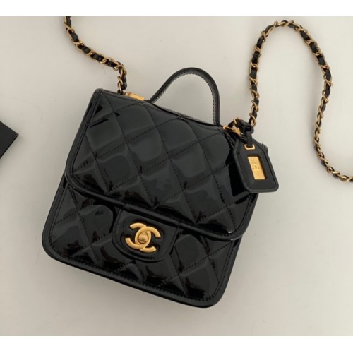 Chanel 22k Gold-Tone Metal Black Patent Mini Bag