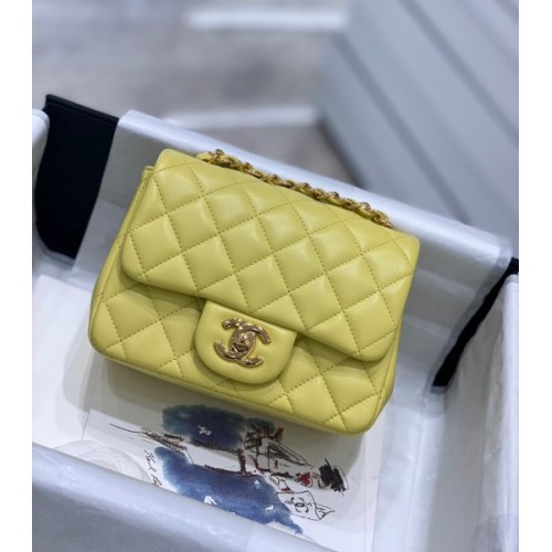 Chanel 17CM Mini Flap Yellow Bag Lambskin Leather Gold Hardware