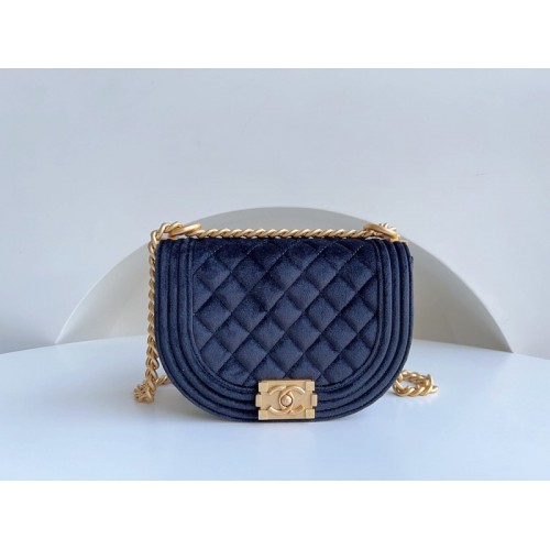 Chanel 22A Small Boy Messenger Blue Velvet Bag